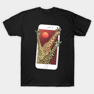 Giraffes with Sun and Phone - Wildlife Africa T-Shirt